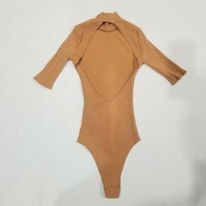 Reformation Ribbed Open Back Mock Neck Nude Pink Peach Dumont Bodysuit XS